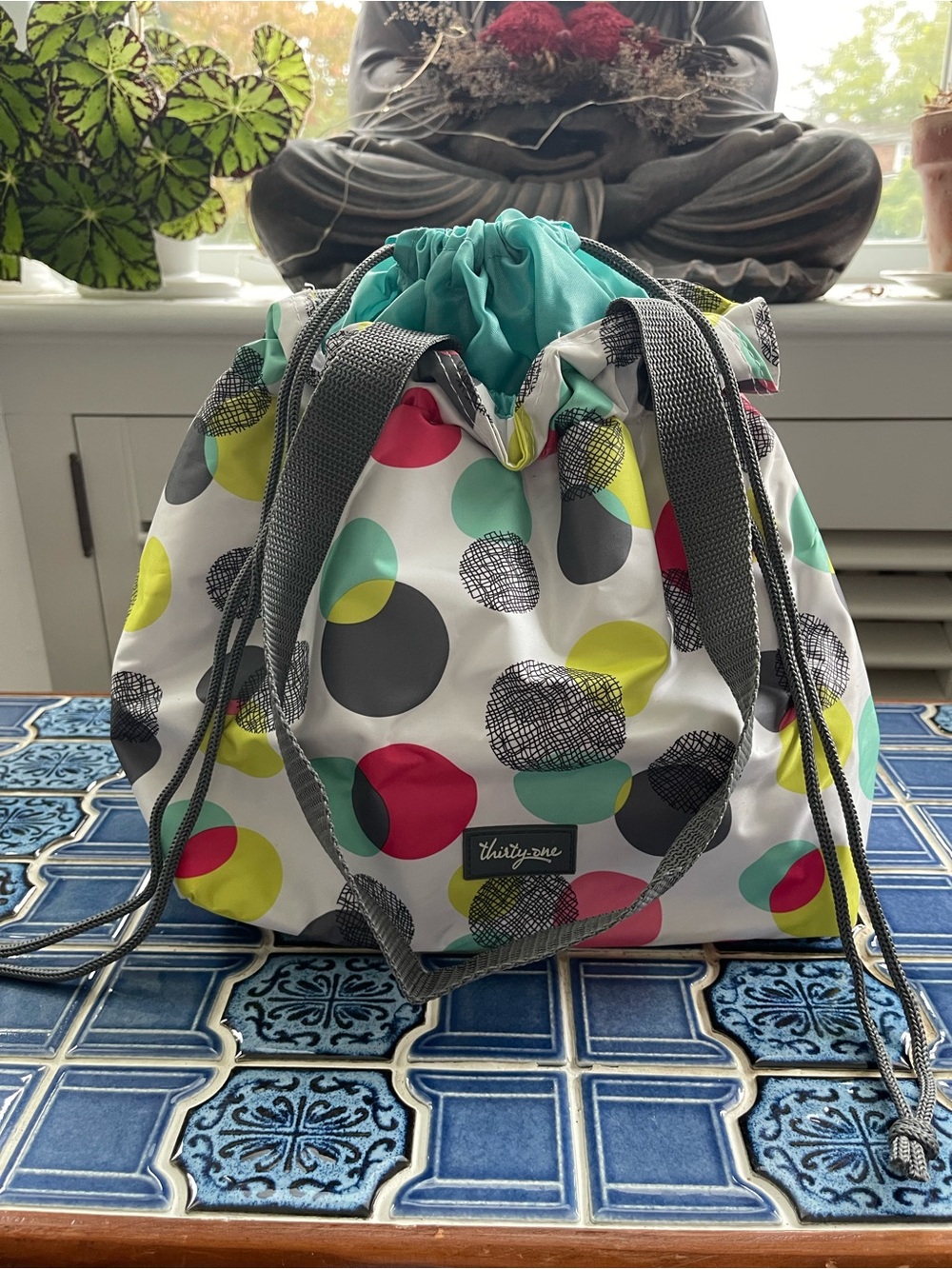 Thirty-One Aqua Multi-Color Drawstring Lunch Tote - Picture 5 of 11